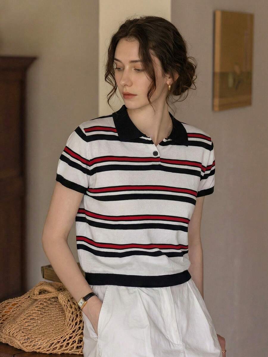 Knit Mix 女士优雅春夏休闲条纹翻领针织套头毛衣，适合日常、居家、通勤、办公穿着。 - 黑色 - 查看 1