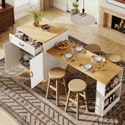 Kitchen Island / Kitchen Cabinet / Buffet Cabinet / Bar Cabinet, With Pull-Out Table, 2 Drawers, 4 Doors, Black/White - White - View 1