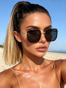 1件装塑料金属方形金属框眼镜架，优雅高级精致太阳镜，春假时尚眼镜，女士夏季海滩优雅外出装扮 - 彩色 - 查看 4