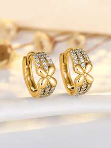 1 Pair Gold-Tone Four-Leaf Clover Earrings With Pave Zirconia Stones, Elegant Floral Design Earrings, Sophisticated Daily Jewelry Gift Set - Gold - View 4