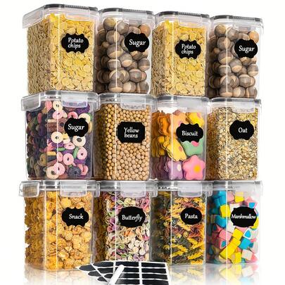 Conjunto de 12/6/2 recipientes herméticos para armazenamento de alimentos, 1,5 qt / 1,6 L - Recipientes plásticos para despensa de cozinha, ideais para açúcar, farinha e ingredientes de confeitaria - Podem ser lavados na lava-louças - Inclui etiquetas e caneta marcadora, preto