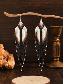 SOUL BEADING 1 Pair Women's Fashion Tassel Earrings, Bohemian Style Earrings With Black, White And Brown Tassel Design, Geometric Pattern Asymmetrical, Handmade Woven Beaded, Perfect Gift For Holidays, Versatile Style For All Seasons - Black and White Tassel Earrings - View 4