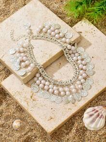 1pc Bohemian Style Exaggerated Beaded Vintage Coin Anklet, Suitable For Beach Holiday Wear - Silver - View 4