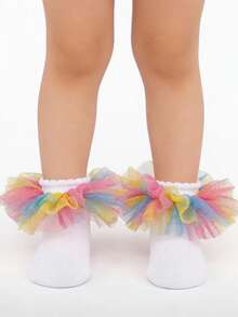 1 par de calcetines con volantes de colores arcoíris para niñas/niños, calcetines con ribete de encaje de princesa para bebé - Multicolor - Ver 3