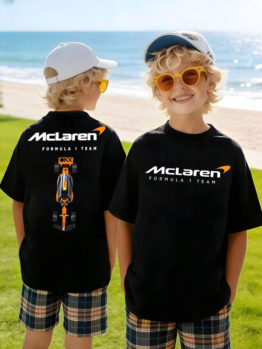 F1 Racing Themed Children's Short Sleeved T-Shirt With Double-Sided Racing Pattern Print Design At The Front And Back, Boys' Round Neck Top, Skin Friendly, Comfortable, Durable And Wear-Resistant Outdoor Top - 黑色 - 查看 1