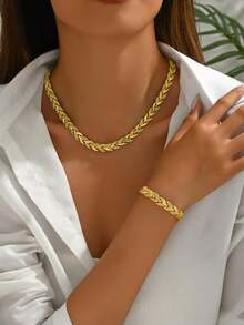 2pcs/Set Luxury Wheat Leaf Design Gold Plated Jewelry Set, Sparkling Zirconia Necklace & Bracelet For Women, Elegant Wedding Party Accessory - Imitation Gold - View 1