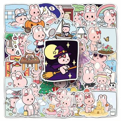 51 piezas Pegatinas de la vida diaria del conejo rosa Retro Fantasy Sun Ins Y2K Downtown Aesthetic Pegatinas Regalos Pegatinas humorísticas y divertidas Pegatinas de anime de los años 80 y 90 para suministros de scrapbooking, sobres, botellas de agua, computadoras, portátiles, teléfonos, equipaje, cuadernos, refrigeradores, fiestas, decoración navideña, artículos de papelería de Año Nuevo e invierno