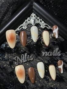 10片装杏仁美甲亚克力套装，棕色指甲，乳白色和棕色渐变，手绘不规则棕白线条，简约高端秋冬复古风，Y2K风格美甲套装，适合女性和女孩，可用于节日、日常、派对、聚会等场合（包含：一片果冻胶和一条摩擦条）美甲用品 - 棕色 - 查看 2