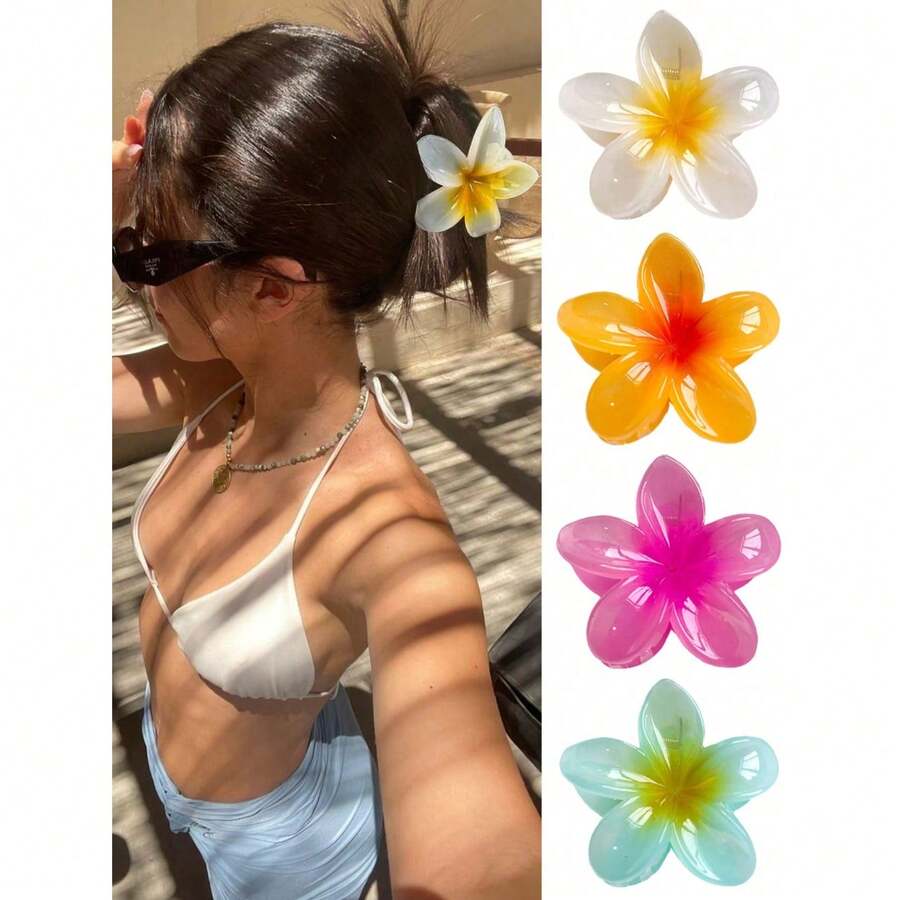 4pcs/1pc 7.5cm/2.95in Hibiscus Flower Jelly Color Hair Clips, White/Yellow/Pink/Blue, Lightweight Plastic Bathroom Hair Accessories, Suitable For Daily Outing, Casual, Party, Commute, Beach Holiday, Ponytail, Bun, Face Washing, Makeup, Outfit Matching Fashion Claw Clips Winter Hair Clutch Summer - 多色-2 - 查看 1