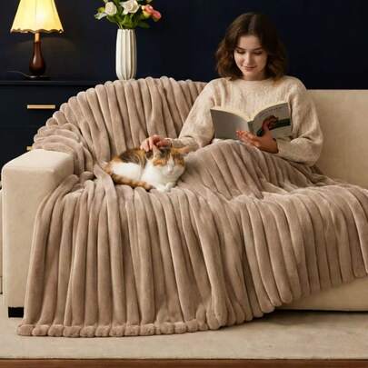 1pc Super Soft Striped Plush Blanket, Wide Striped Cutout Faux Rabbit Fur, Pink Bedroom Decor Blanket, Milk Plush, Christmas Flannel Throw Blanket, Easter, Casual Nap Blanket, Office Nap Small Throw Blanket, Room Decor Blanket