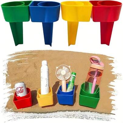 1pc Colorful Beach Cup Holder, Cute Beach Cup Mat - Fashionable Drink And Phone Stand, Beach Holiday Supplies, Stackable Multi-Color, Perfect For Family And Friends Beach Vacation, Plastic Beach Drink Holder With Snack And Phone Compartment, Beach Snack Tray For Holiday Picnic Outdoor Party, Vibrant Design, Sturdy Structure, Beach Accessory