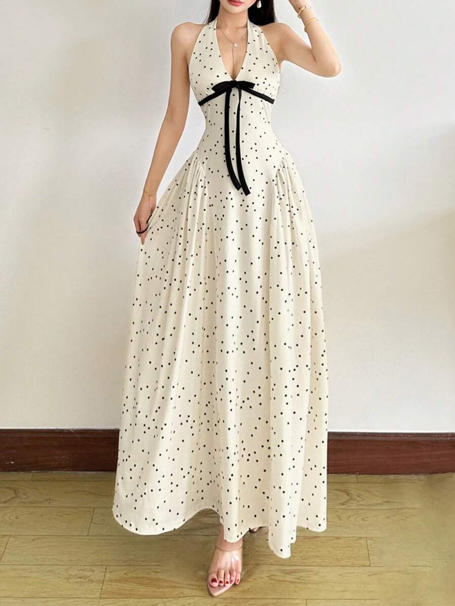女士性感优雅吊带连衣裙，蝴蝶结波点喇叭裙摆设计，针织面料，适合派对穿着 - 白色 - 查看 1