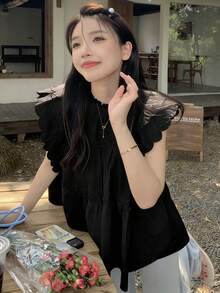 女款圓領喇叭短袖寬鬆荷葉邊休閒襯衫，春夏黑色 - 黑色 - 查看 5