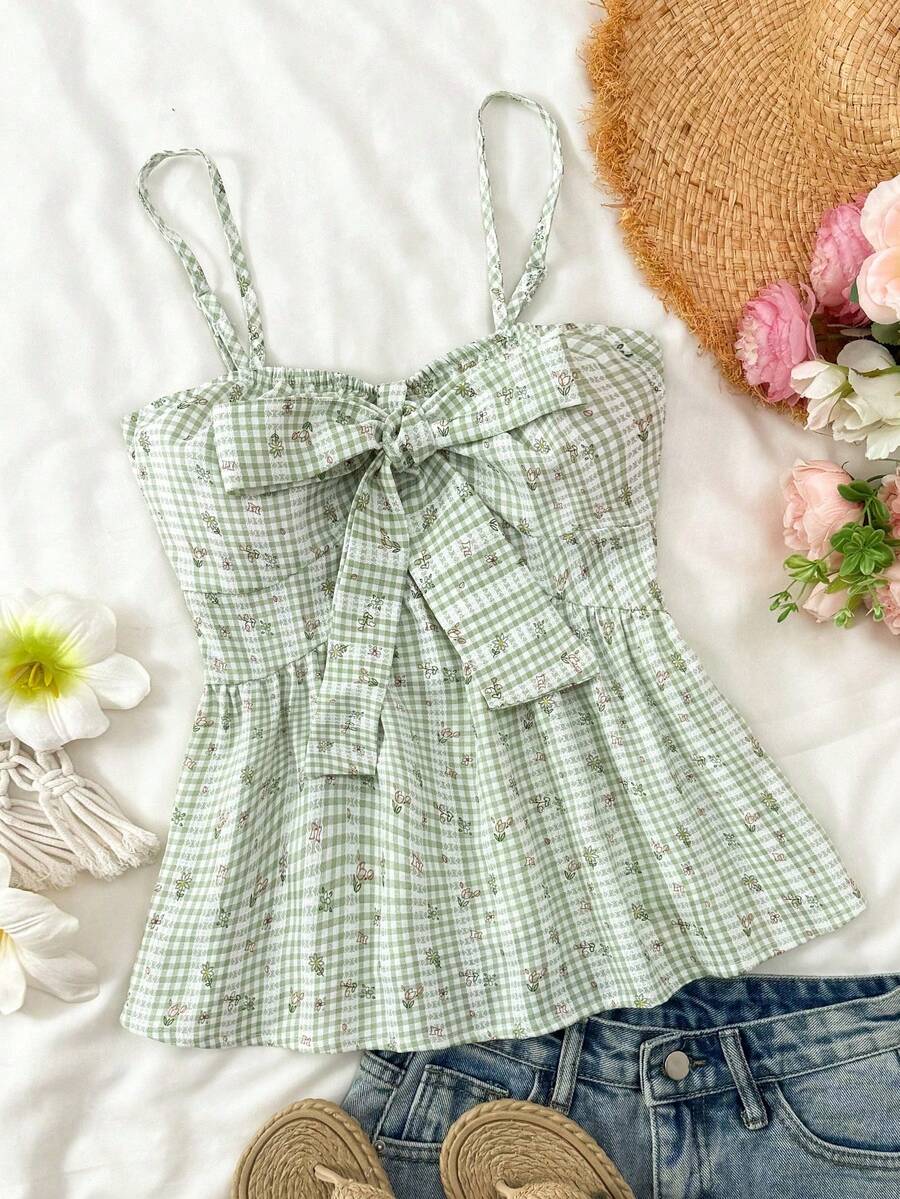 女士吊带背心，适合夏季度假、毕业典礼、婚礼、返校等场合，格子花卉蕾丝印花复古风格，可爱休闲夏日风，甜美浪漫乡村风，宽松版型，下摆宽松系带吊带背心。 - 薄荷綠 - 查看 1