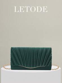 Pink Satin Pleated Clutch Bag - Dark Green - View 3