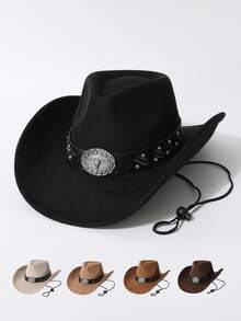 1顶男女通用牛仔帽，独特牛头水钻皮带遮阳帽，新款复古赛博朋克时尚酷炫新奇朋克可调节宽檐帽，街头风造型，男士礼物，适合派对、西部主题活动、聚会、角色扮演、毕业典礼、化装舞会、节日、生日庆典、音乐节、徒步旅行等场合。 - A - 查看 7