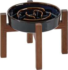 Ceramic Raised Slow Feeder Dog Bowl Set With Acacia Wood Stand - 1 x 星空 + 支架 - A - 查看 1
