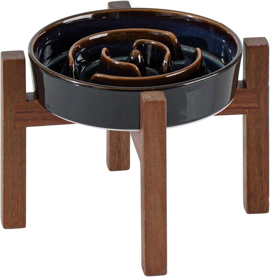Ceramic Raised Slow Feeder Dog Bowl Set With Acacia Wood Stand - 1 x 星空 + 支架 - A - 查看 1