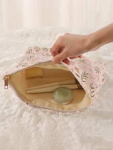 1pc Portable Leaf Pattern Printed Cosmetic Bag, Double-Sided Zipper Travel Makeup Organizer, Multi-Function Toiletry Storage Pouch - Multicolor - View 4