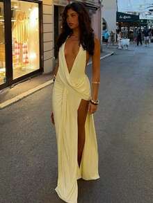 Sunshine Yellow Evening Gown, Fashionable Neck-Revealing Backless Deep V-Neck Sexy Slit Floor-Length Dress For Women, Glamoratti Aesthetic De Skirt - Màu vàng - Xem 2