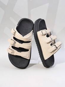 1 Pair Girls' Beige Suede Multi-Buckle Thick-Soled Non-Slip Slide Sandals For Everyday Casual Use - Beige - View 4