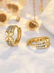 1 Pair Gold-Tone Four-Leaf Clover Earrings With Pave Zirconia Stones, Elegant Floral Design Earrings, Sophisticated Daily Jewelry Gift Set - Gold - View 5