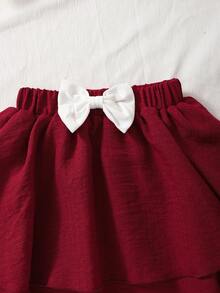 Setelan 2 Potong Rompi Bunga Mawar 3D dan Rok Dua Lapis dengan Hiasan Pita yang Modis dan Elegan untuk Anak Perempuan, Musim Panas - Burgundy - View 9