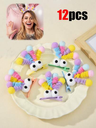 12/6/1件装毛绒个性发夹，趣味十足的大眼睛发夹，丑萌丑萌的多巴胺边缘发夹，适合女孩打造个性发型，古灵精怪的小怪兽发夹，毛绒鸭嘴发夹，满足多种搭配需求，为发型增添可爱活力——适合女孩和女士，日常上学、周末郊游、生日派对等场合，轻松提升造型，打造甜美可爱形象