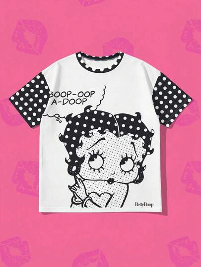 Whysmera SHEIN X Betty Boop Camiseta con estampado de lunares de contraste y diseño de dibujos animados