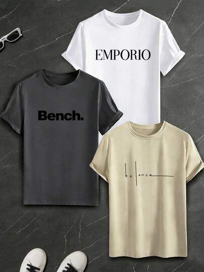 3pcs/Set Plus Size Men's Fashionable Minimalist Slogan & Graphic Print Casual Round Neck Short Sleeve T-Shirts, Suitable For Streetwear, Outdoor, Daily, Campus, Layering, Commuting, Versatile
