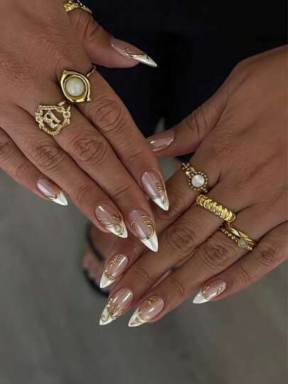 10pcs French Tip Acrylic Press On Nails Medium Almond Press On Nails Golden Gilding Line Decoration Fashion Y2K Minimalist Style Surface Glossy Full Cover Fake Nails For Women And Girls Daily Wear