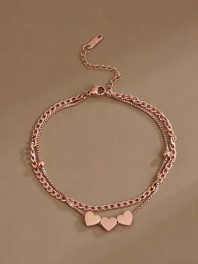 1条时尚光滑心形双层不锈钢脚链，链，玫瑰金饰品，适合夏季、度假、海滩派对、日常佩戴，女士礼物