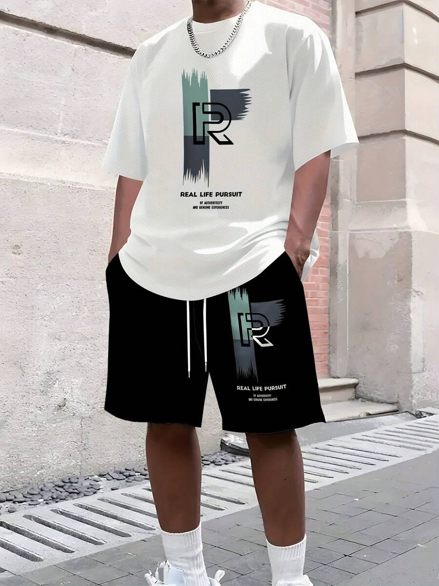 RGETH Men's Casual Two-Piece Set With Digital Print Summer English Love Bear Pattern, Round Neck Short Sleeve T-Shirt And Drawstring Shorts With Pockets, Knitted Round Neck, Slight Stretch, Regular Fit Summer Outdoor Sportswear Shirts Mens Clothes - 混合色 3 - 查看 1