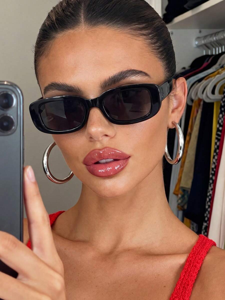 1 Pair Unisex Black Rectangular Fashionable Sunglasses, Suitable For Travel, Beach, Bar, Outdoor And Other Occasions, Ideal Accessory For Summer Beach Vacation, Outdoor, Travel And Leisure, Suitable For Outfits, Back To School Season And Other Occasions. - 黑色 - 查看 1