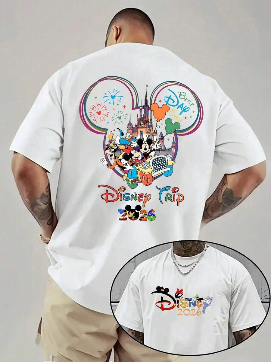 Disney Men's Casual T-Shirt, " Trip 2026" Castle & Characters Print (Back & Front), Festive & Colorful Design, Perfect For Family Vacations - White - View 1