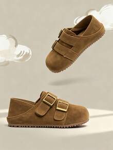 1 Pair Kids Girls Double Metal Buckle Decor Suede Leather Non-Slip Round Toe Flat Shoes, Retro Casual Boston Moccasins For Spring Autumn Daily School Wear - Camel - View 7
