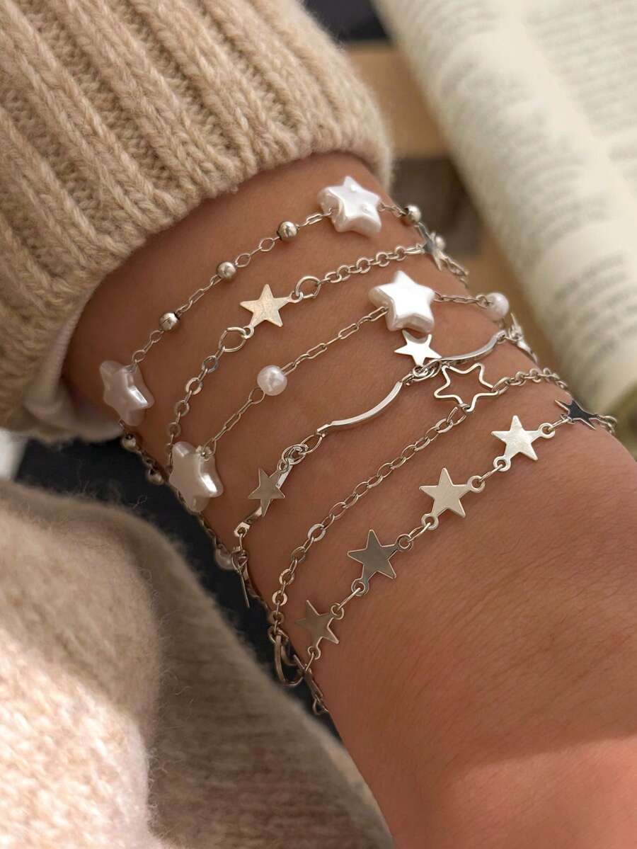 6pcs Minimalist Sweet Star Tassel Bracelets, Handmade Pearl Chain Bracelet Set For Women (Handmade Chain Length Can Be Cut, Not By Number Of Accessories) - Silver - View 1