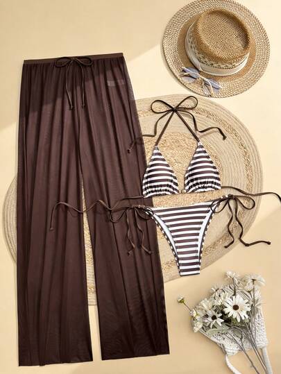 Conjunto de 3 piezas con sujetador de bikini con cuentas y estampado de rayas, pantalón de malla y cubrecuerpo para vacaciones, verano, playa, fiesta, carnaval y estilo boho ibicenco