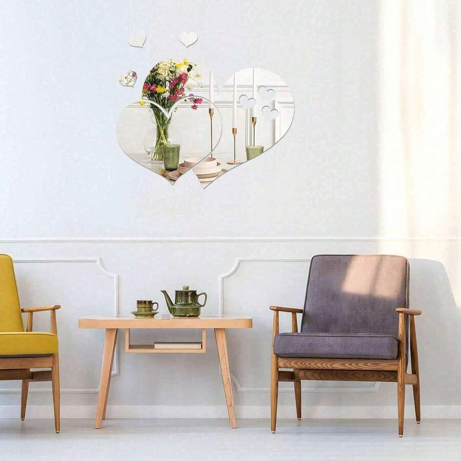 1套3D创意镜面心形极简主义墙贴 - 銀色 - 查看 1