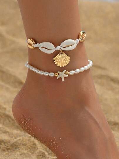 2pcs Beach Vacation Faux Pearl Starfish Beaded Anklet, Summer Island Style Shell Braided Rope Gold Metal Alloy Shell Pendant Jewelry For Women, Suitable For Beach Travel, Dates, And Daily Wear
