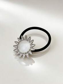 1pc Elegant Rhinestone Cat Eye Stone Flower Hair Scrunchie, Sunflower Design, High Elasticity Ponytail Holder For Daily Use - Multicolor - View 2