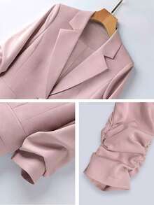 女士春夏休闲通勤褶裥七分袖宽松单排扣西装外套及阔腿裤套装 粉色 - 粉色 - 查看 6