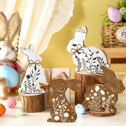 1/4pcs Rustic Wooden Bunny Figurine Floral Pattern Freestanding Tabletop Ornament For Holiday Party Centerpiece Farmhouse Living Room Shelf Home Decoration