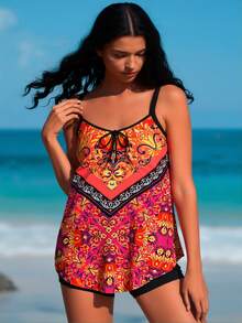 2026  Tankini Bathing Suit For Women, Orange And Pink Bohemian Print Cami Top With Black Boyshort Bottoms - Flower color(花色) - 查看 6