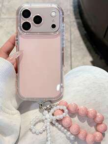 Y2k Simple Cute Jelly Bowknot Bracelet Chain Lanyard Phone Case Compatible With IPhone 17Pro Max 17Pro 17 16Pro Max 16Pro 16 15Pro Max 15Pro 14Pro Max 14PLUS 14 13 12 Lens Protection Back Case - Pink - View 1