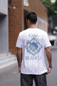 Blue T-Shirt With Geometric Floral Pattern, Casual Men's Top With Round Neck, A Fresh Summer Style. - 白色 - 查看 2