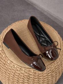 MonaNise 女士时尚方头棕色平底鞋,杏色蝴蝶结装饰,休闲百搭,适合户外穿着,黑色、白色、酒红色、卡其色可选,秋季必备 - 棕色 - 查看 4