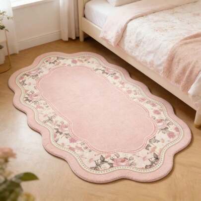1pc Vintage French Asymmetrical Shaped Rug, Pink Pastoral Style Bedroom Decor Carpet, Living Room Rug, Bedside Rug, Doormat, Area Rug, Mat, Home Decor, Large Living Room Carpet, Room Decor, Washable Rug