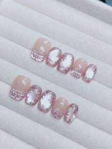 10Pcs Pink Hand-Painted 3D Flower Faux Pearl Chain French Bright Faux Pearl-Eye Floral Wearable Nail Home Dating Short Trapezoid Detachable Full Cover Nails Nail Art Lovers Ladies And Girls Press On Nails Nail Supplies Nails - 粉色 - 查看 3