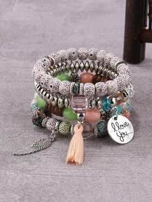 4 pièces Nouveaux bracelets bohèmes, bracelets à franges multicouches créatifs en perles, bijoux mode pour femmes - Gris - Voir 17